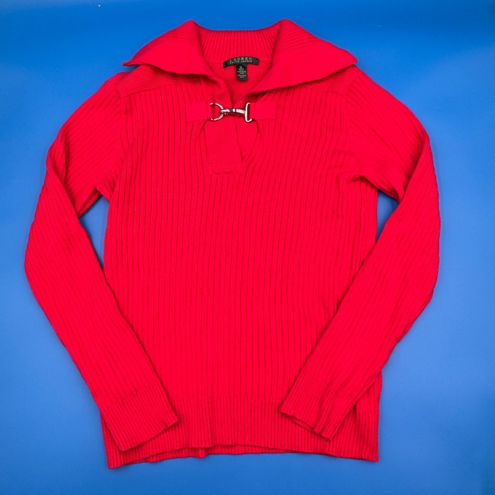 Lauren Ralph Lauren Red Ribbed Cotton Collared Sweater Pullover XL